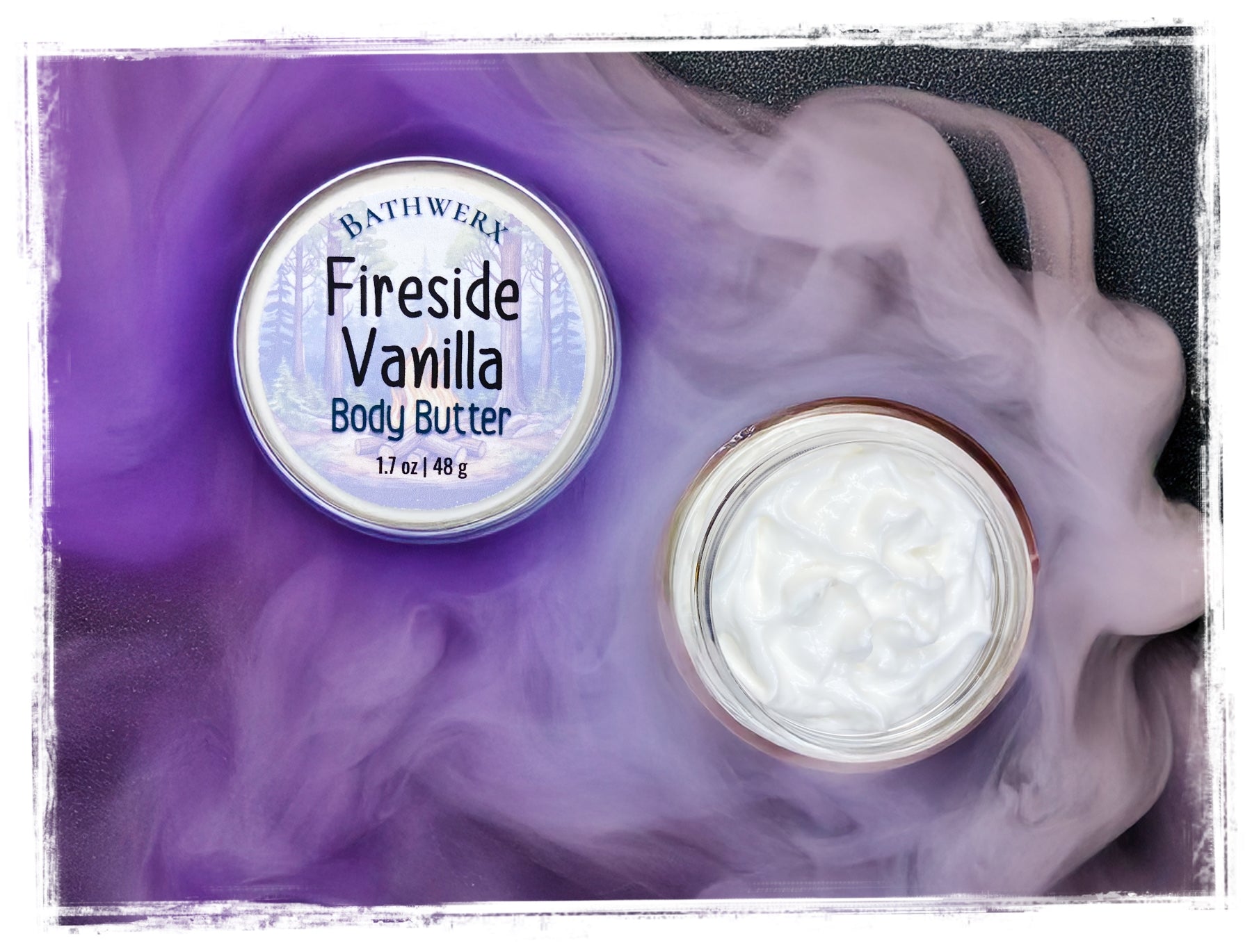 Bath and Body Works Fireside Vanilla body butter with packaging on a purple smoke background