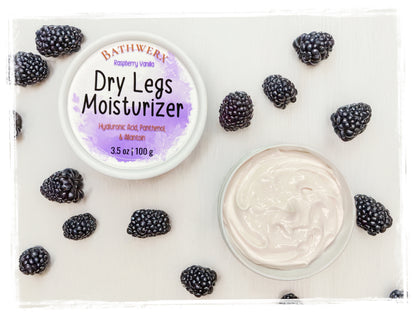 BathWerx dry legs moisturizer with blackberries on a white background