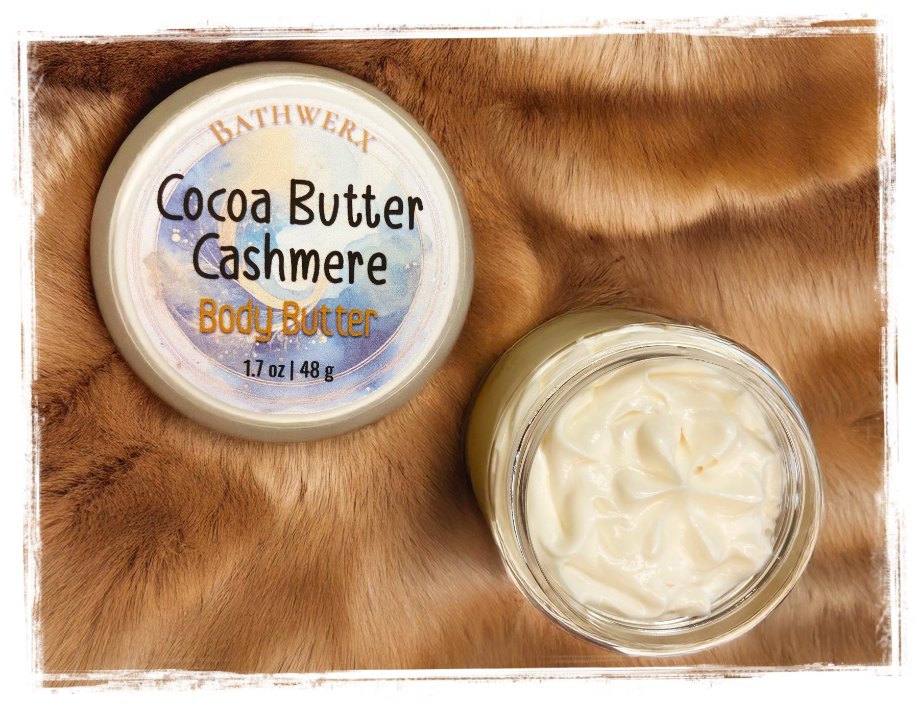 BathWerx Cocoa Butter Cashmere body butter jar on a fur-like surface
