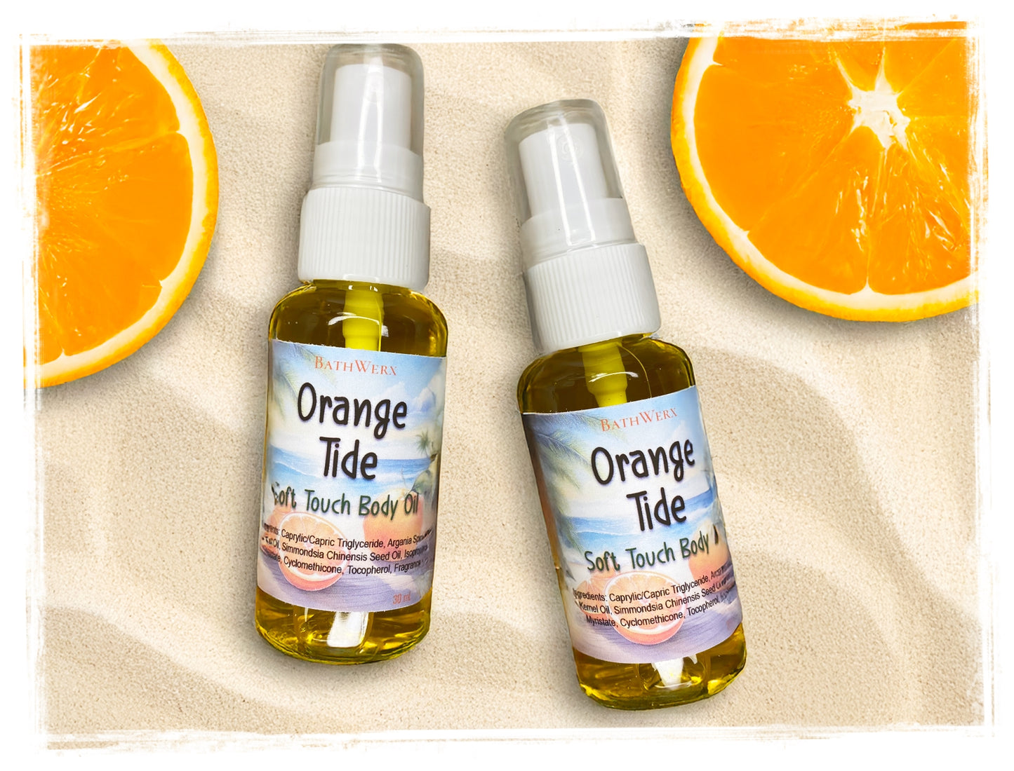Two bottles of 'Orange Tide' soft touch body oil with orange slices on a sandy background.