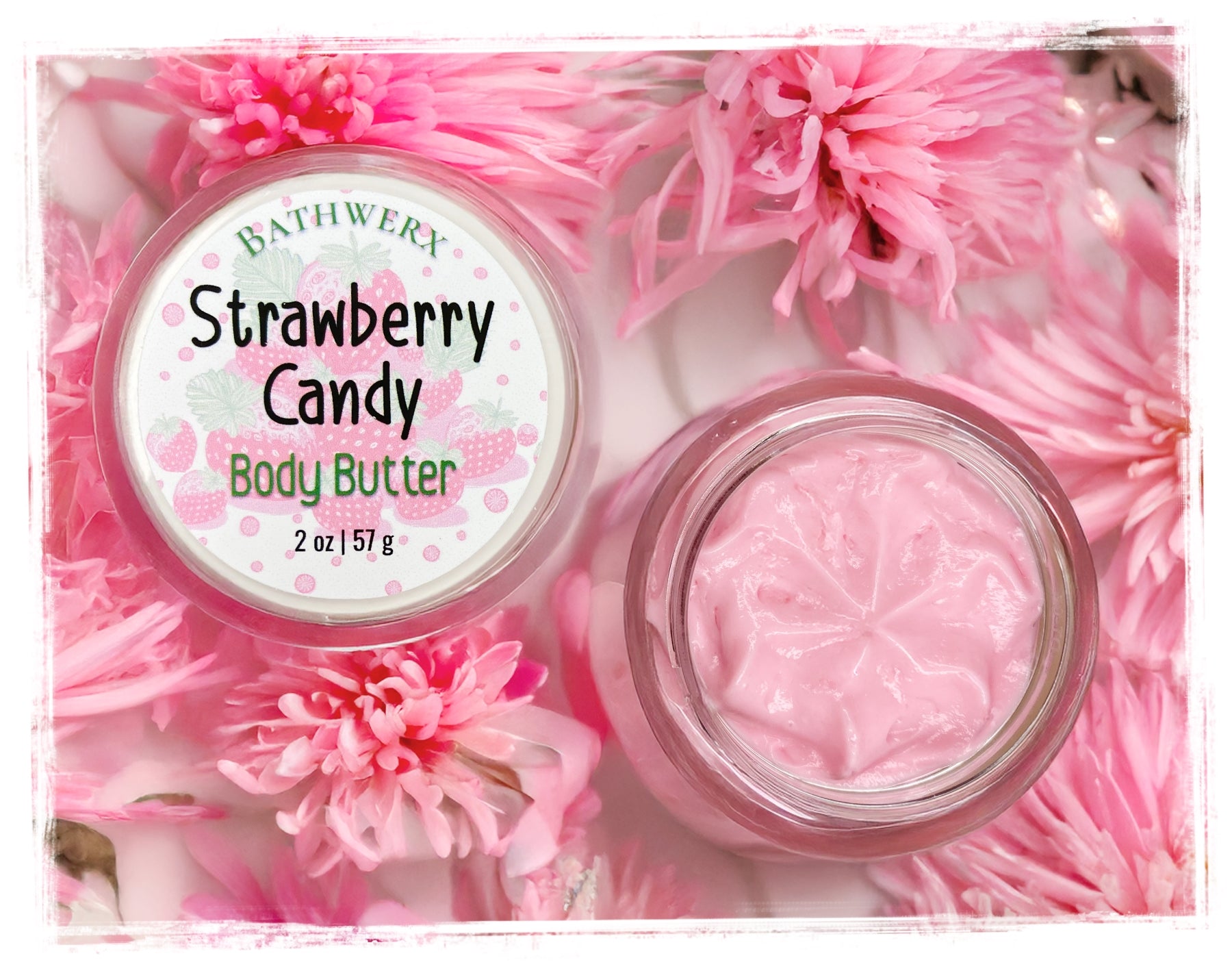 Bathwerx Strawberry Candy Body Butter jar on pink flowers