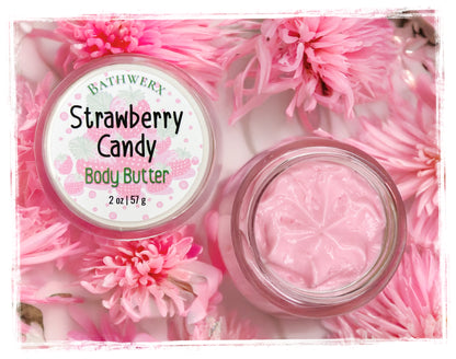 Bathwerx Strawberry Candy Body Butter jar on pink flowers