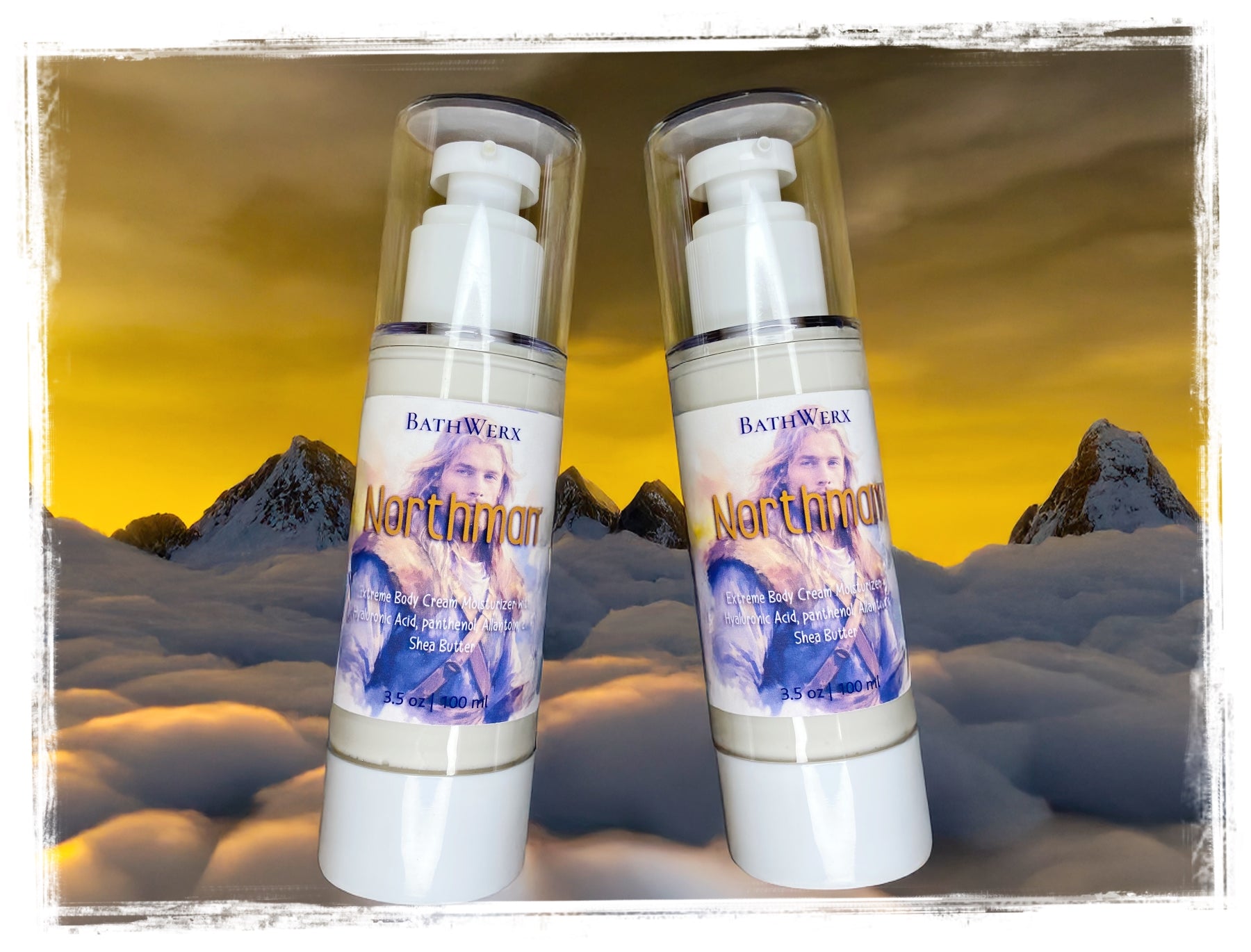 Two BathWerx Northman products in front of a snowy mountain landscape