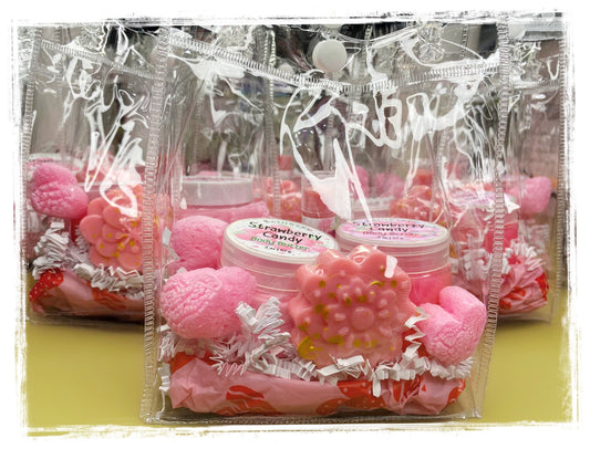 Image of multiple strawberry candy gift bags.