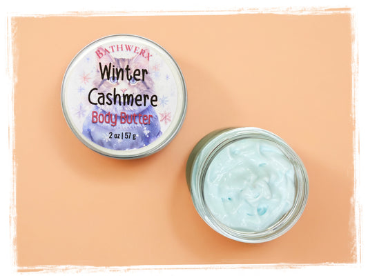 Bath and Body Works Winter Cashmere body butter jar on alight orange background