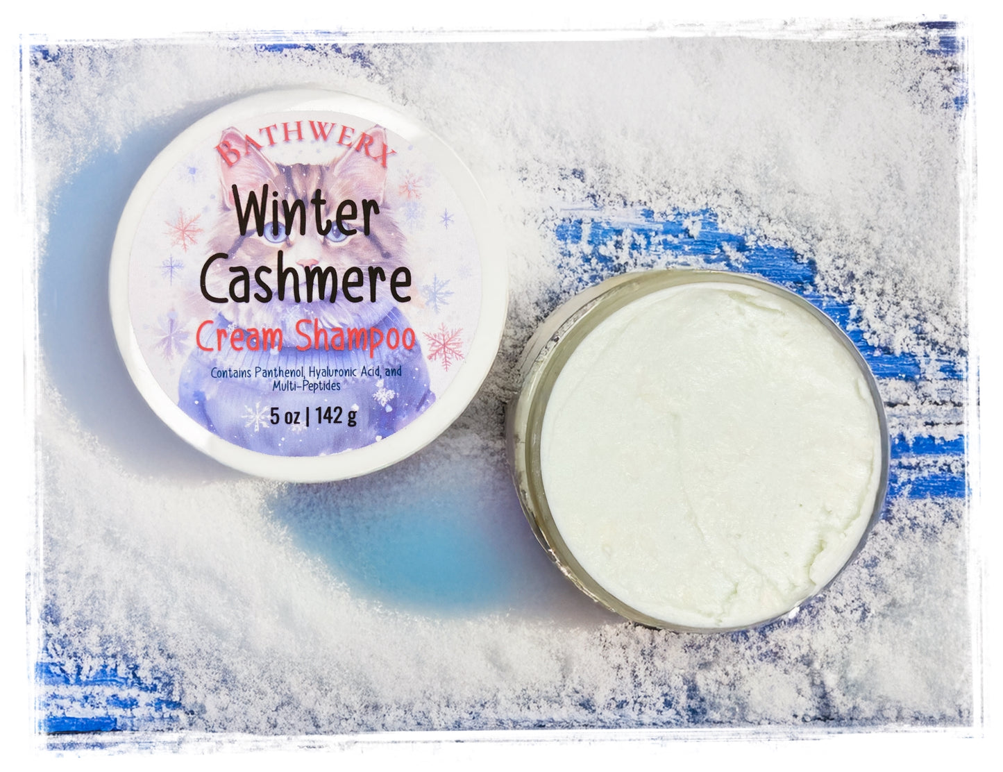Winter Cashmere Cream Shampoo with packaging on a snowy background