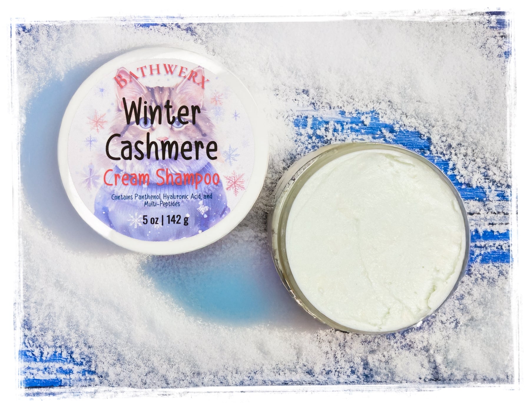 Winter Cashmere Cream Shampoo with packaging on a snowy background
