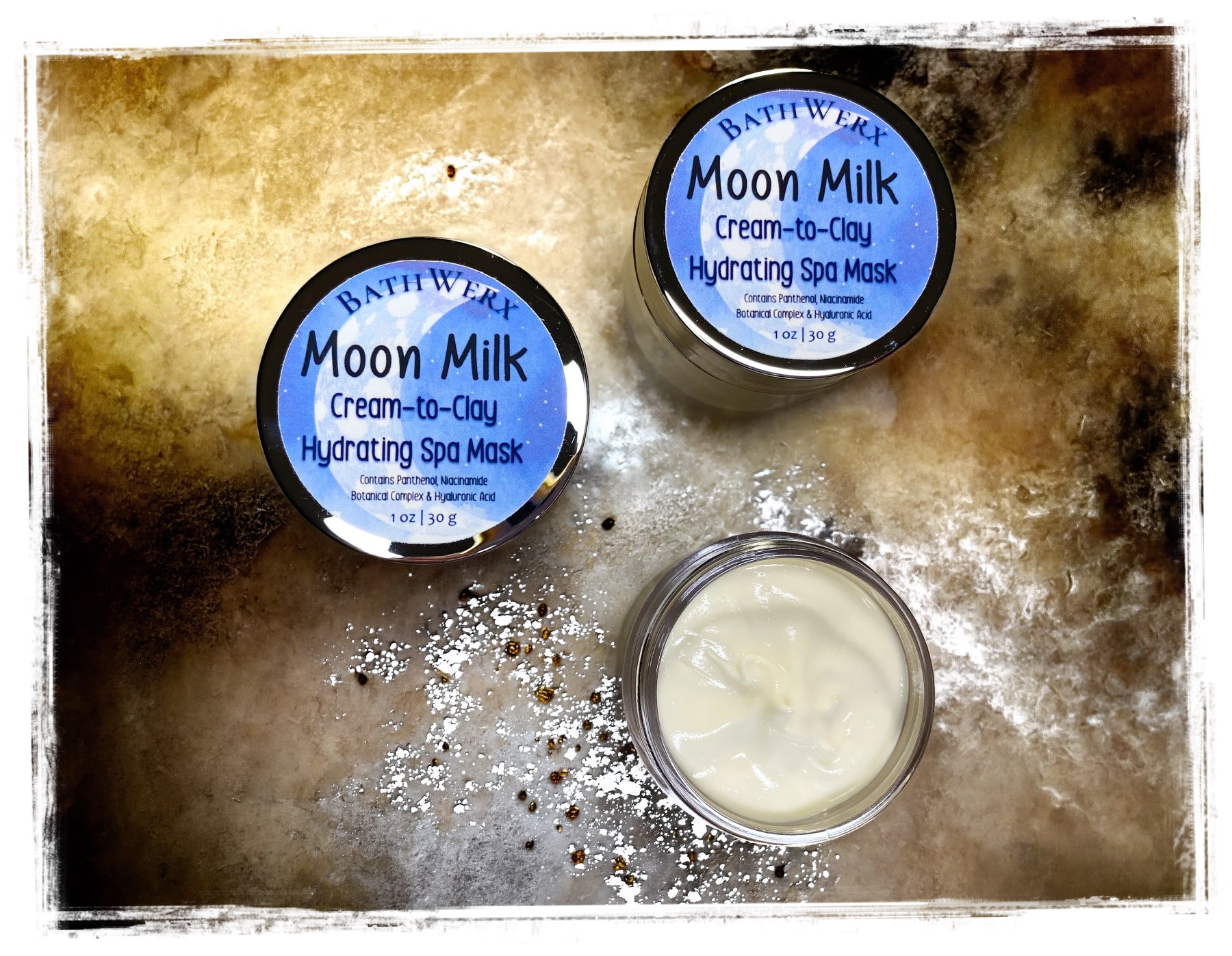 Close-up of Moon Milk Cream-to-Clay Hydrating Spa Mask rich botanical formula in an elegant jar