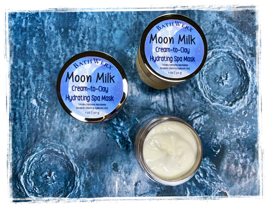 Moon Milk Cream-to-Clay Hydrating Spa Mask jar with creamy white texture on a soft spa-inspired background
