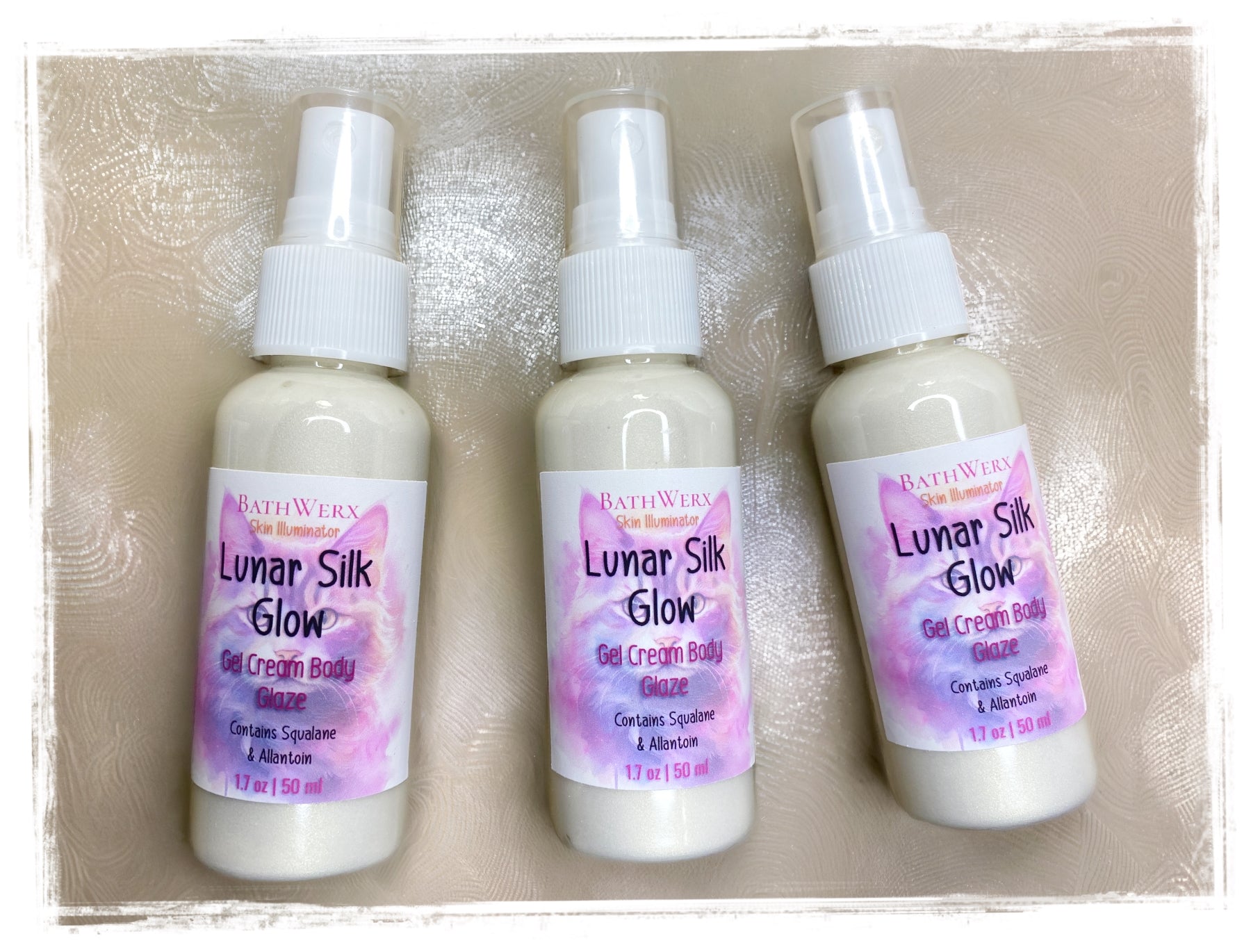 Lunar Silk Glow Gel‑Cream Body Glaze in a 50ml spray bottle, a lightweight shimmering body glaze by BathWerx