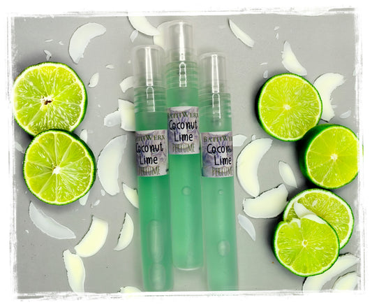 BathWerx Coconut Lime Collection pocket perfumes products styled with tropical ingredients
