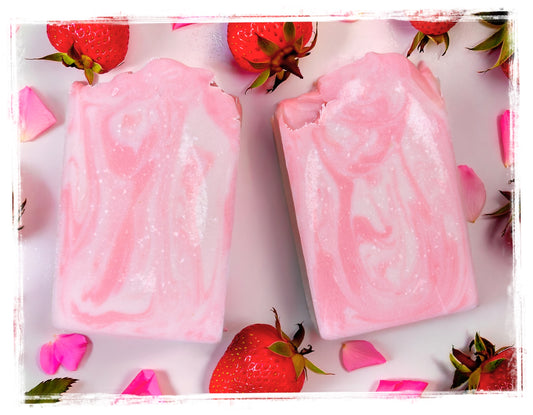 Strawberry Rose Goat Milk Soap Bar by BathWerx – handcrafted natural soap with rose bouquet, sweet strawberry & tropical fruit