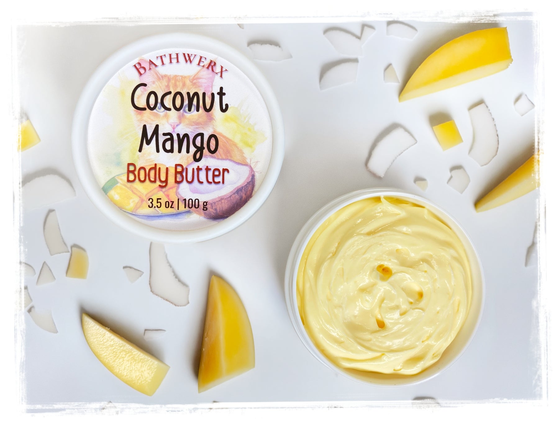 Close-up of BathWerx Coconut Mango Body Butter texture — rich, creamy cocoa and shea formula