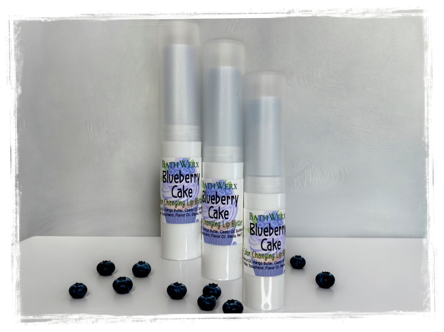 BathWerx Sweetened Lip Balm - Blueberry Cake - Fun Color-Changing Lip Butter Close-Up
