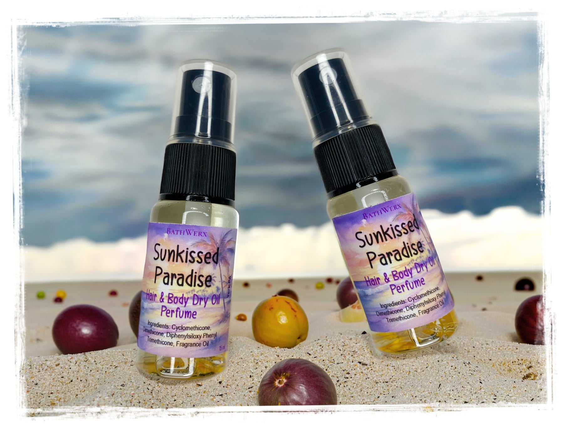 BathWerx Sunkissed Paradise Hair & Body Dry Oil Perfume - 15ml Spray Bottle Duo on Sandy Beach with Tropical Fruit