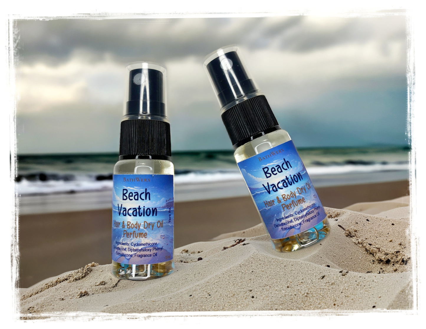 BathWerx Beach Vacation Hair & Body Dry Oil Perfume - 15ml Spray Bottle Duo on Sandy Beach