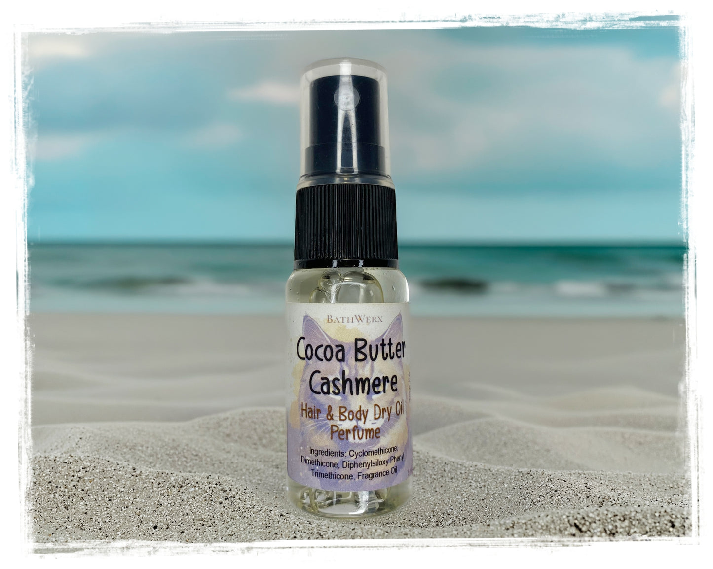 BathWerx Cocoa Butter Cashmere Hair & Body Dry Oil Perfume - 15ml Spray Bottle on Sandy Beach
