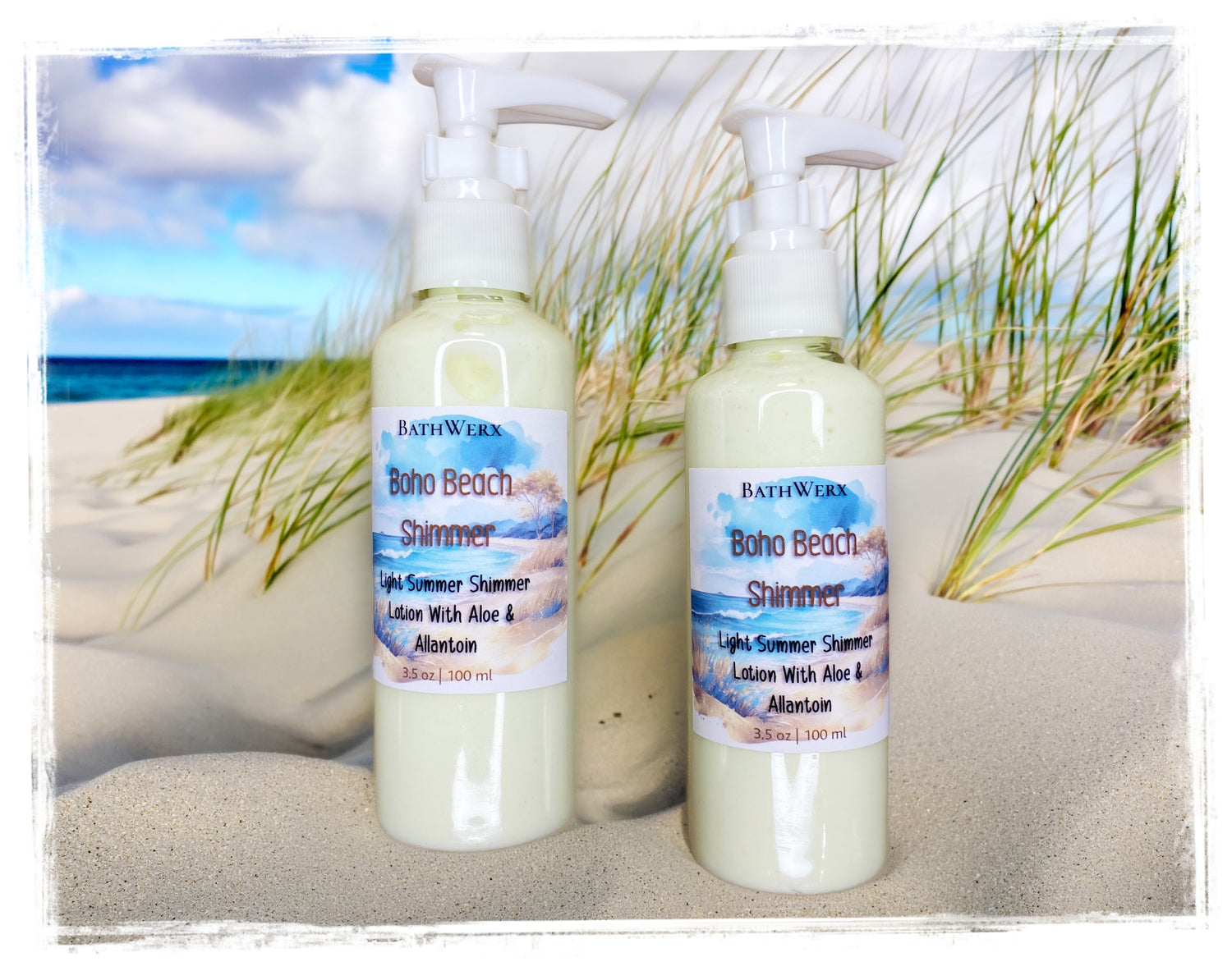 BathWerx Boho Beach Summer Shimmer Lightweight Lotion — two 3.5 oz pump bottles on sandy beach with sea grass and ocean in background