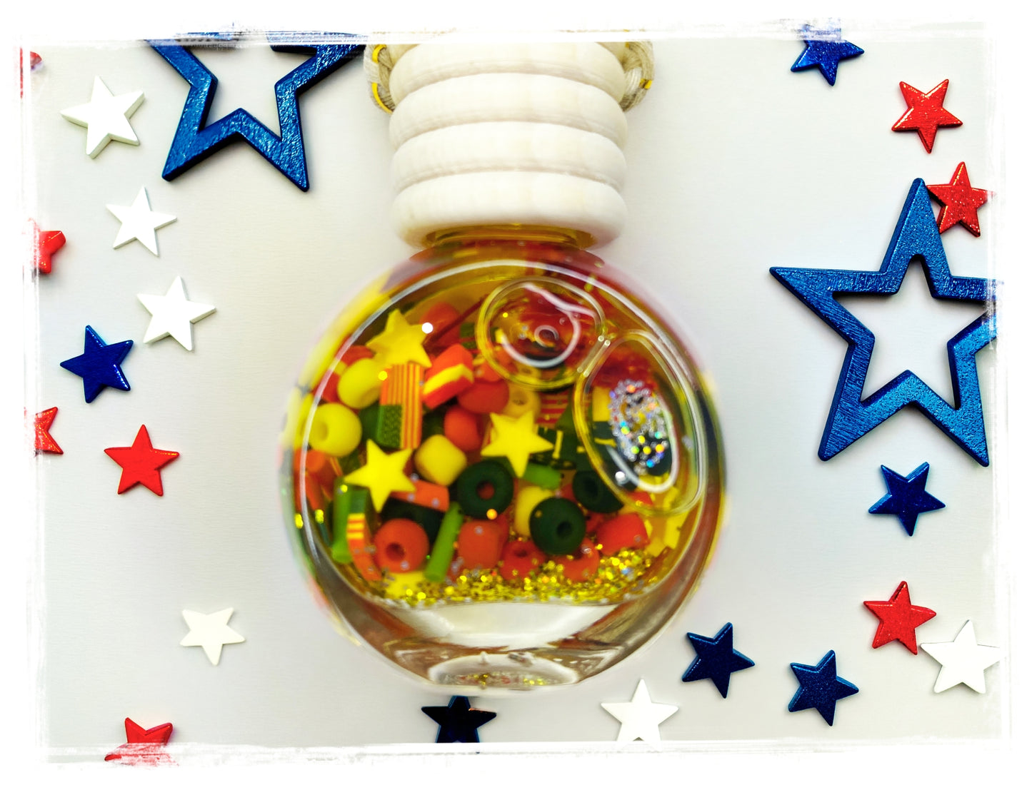 Cherry pie scented car charm - 4th of July hanging air freshener with red, white, and blue star confetti by BathWerx