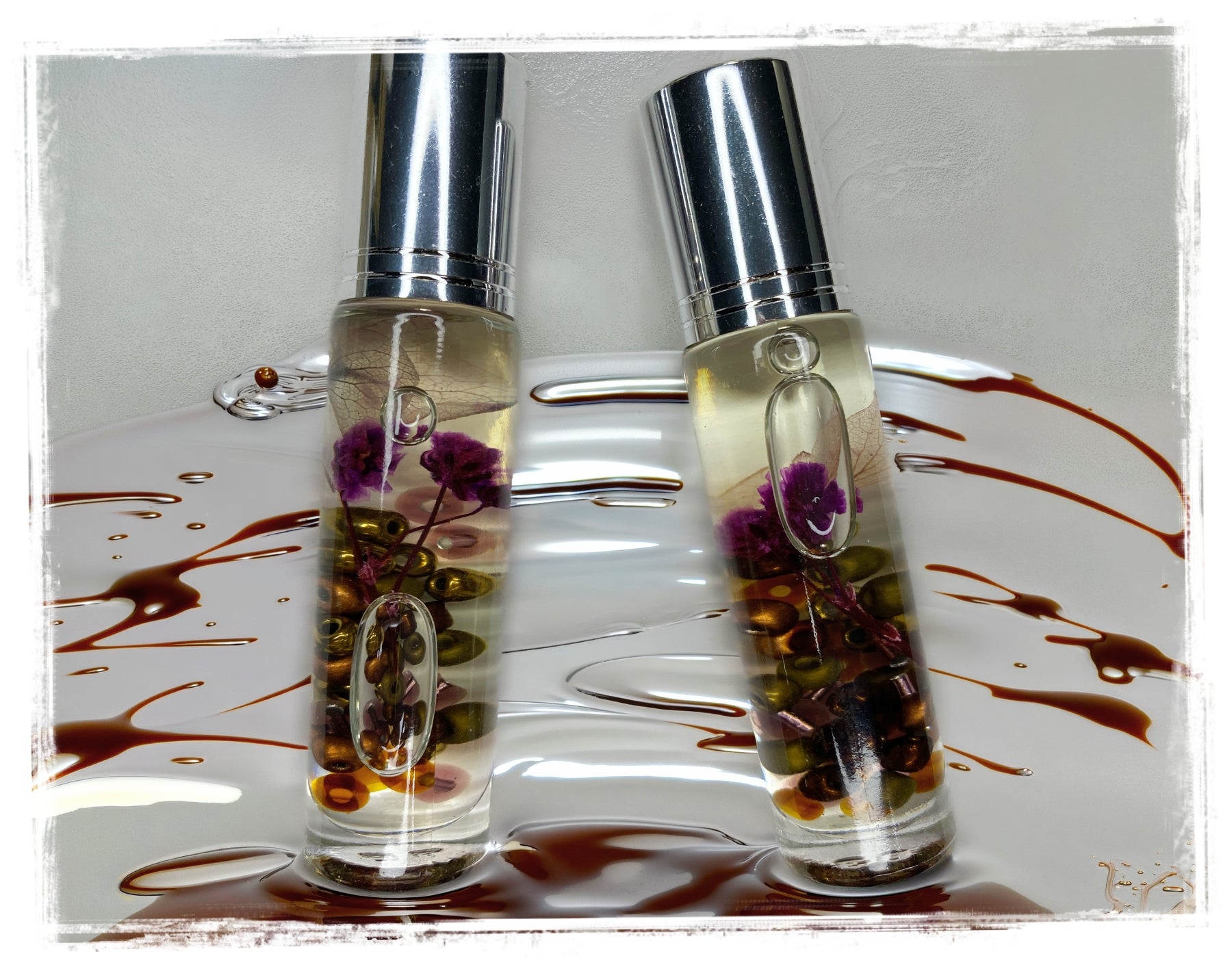 BathWerx Chocolate Bourbon Fall Roll-On Perfume Oil – 10ml glass vial with purple florals and dark beads in rich bourbon drizzle