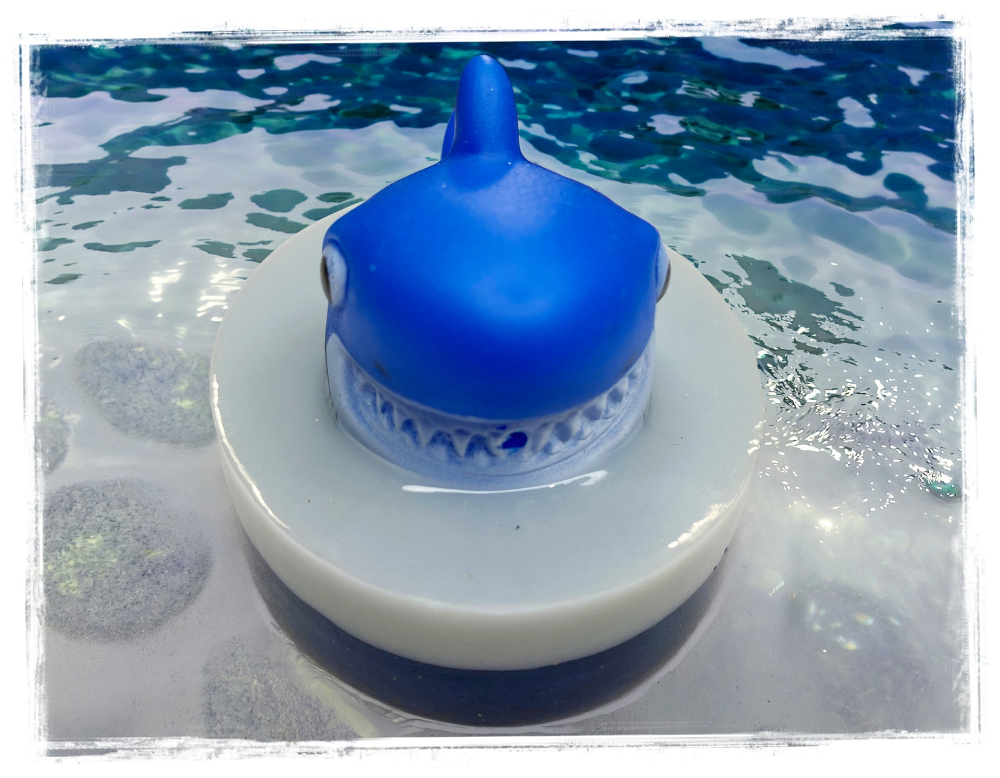 BathWerx shark bar soap scented with blue Hawaiian punch floating in water.
