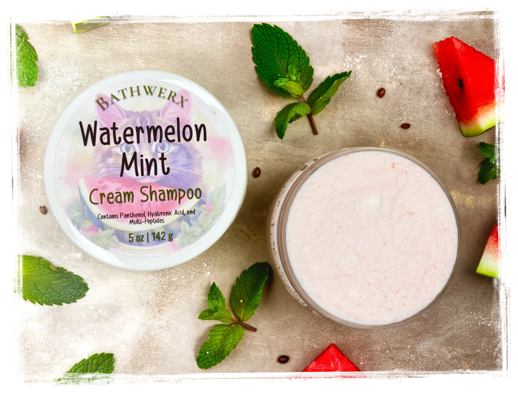 BathWerx Watermelon Mint Cream Shampoo 5oz jar open showing creamy formula with mint and watermelon styling props