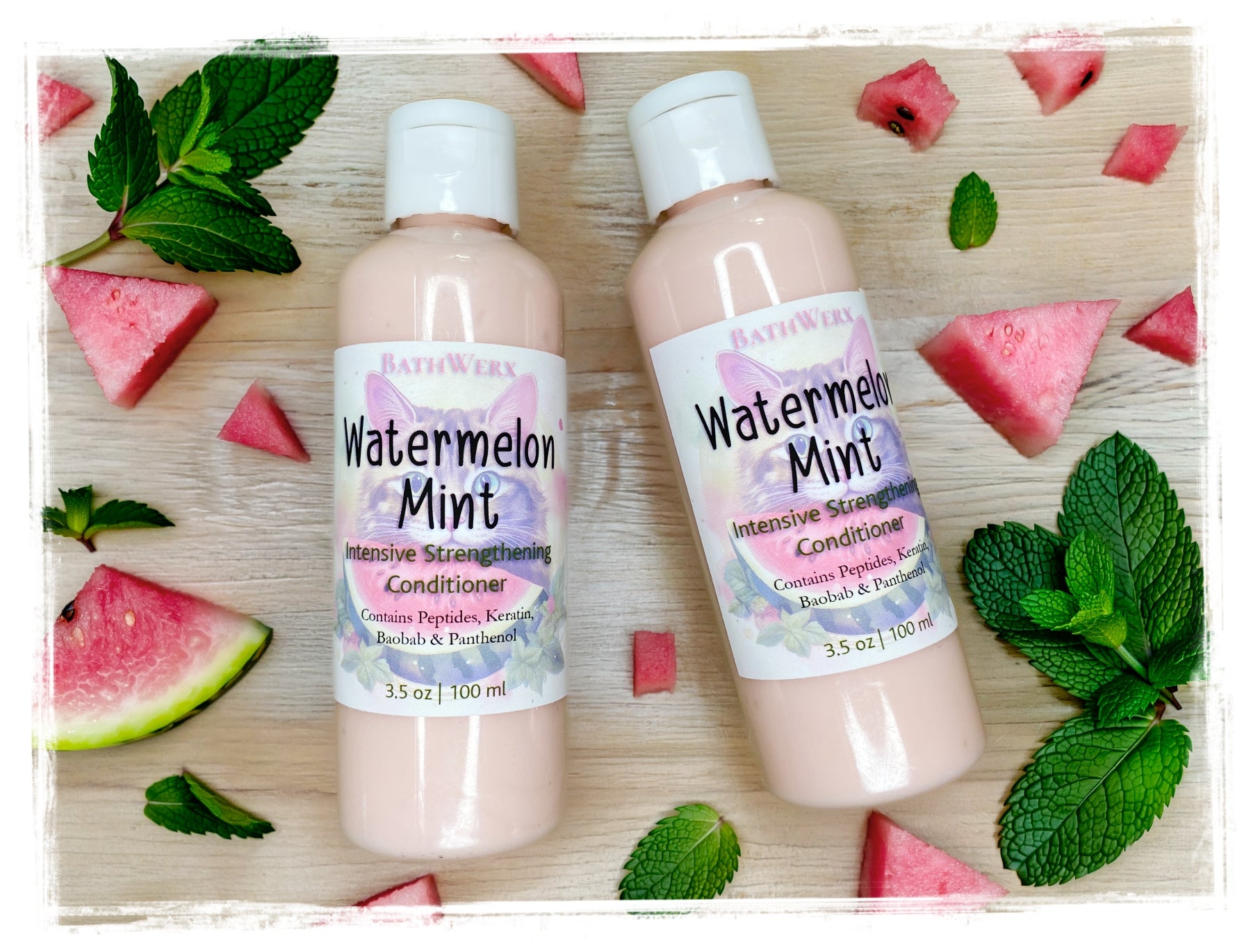 BathWerx Watermelon Mint Strengthening Conditioner 3.5oz two-bottle flatlay with watermelon and mint styling