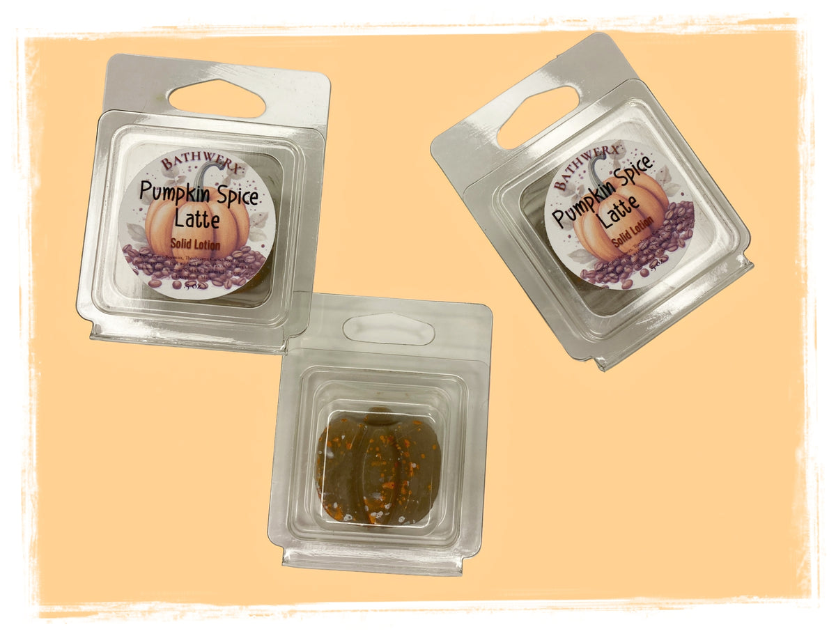 BathWerx Pumpkin Spice Latte Solid Lotion bars in clear clamshell packaging, center bar shown revealing a brown lotion bar - .5 oz.