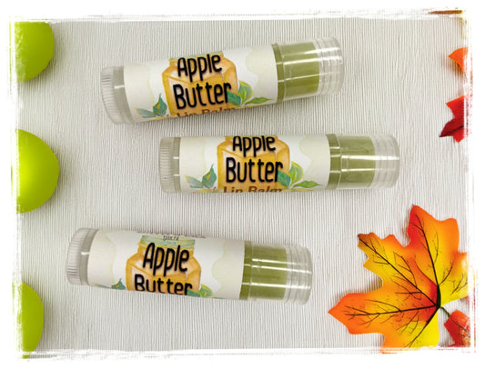 BathWerx Apple Butter Lip Balm tubes with green apples and fall leaves.