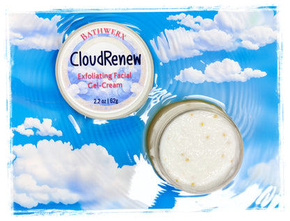 BathWerx CloudRenew Exfoliating Facial Gel-Cream 2.2 oz jar shown open and closed against a bright blue sky with clouds background.