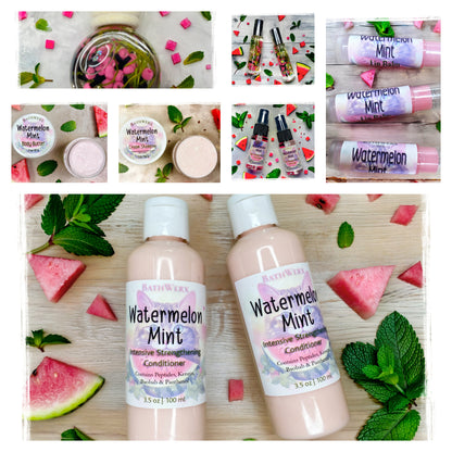 A collage of beauty products themed around watermelon mint, including two bottles of Watermelon Mint Intensive Strengthening Conditioner, several lip balm tubes, and small jars, styled with mint leaves, watermelon slices, and pink flower petals on a light wood background.