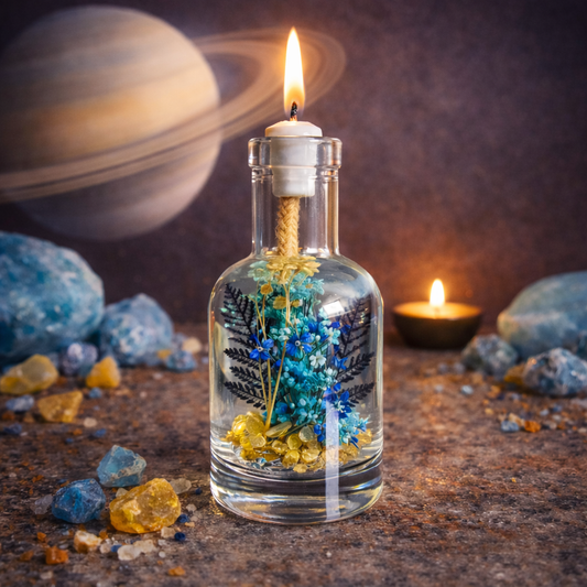 Glass bottle with flowers and a candle, set against a cosmic background with Saturn.