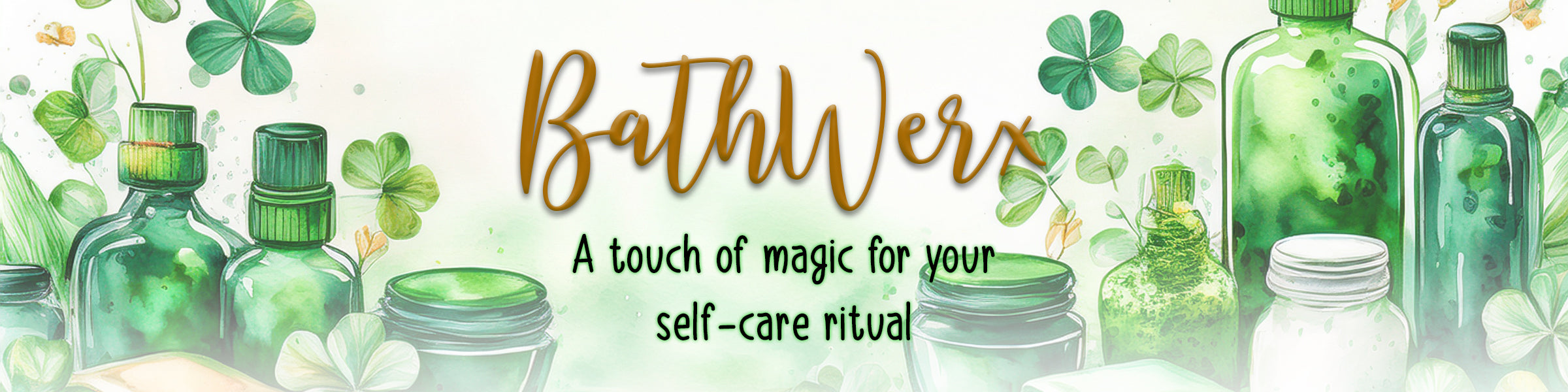 Watercolor illustration of premium bath and body products with emerald green accents and shamrocks for St. Patrick's Day