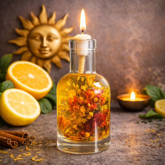 Glass bottle with floral oil, lit candle, lemons, and cinnamon sticks on a rustic surface with a sun decoration in the background.