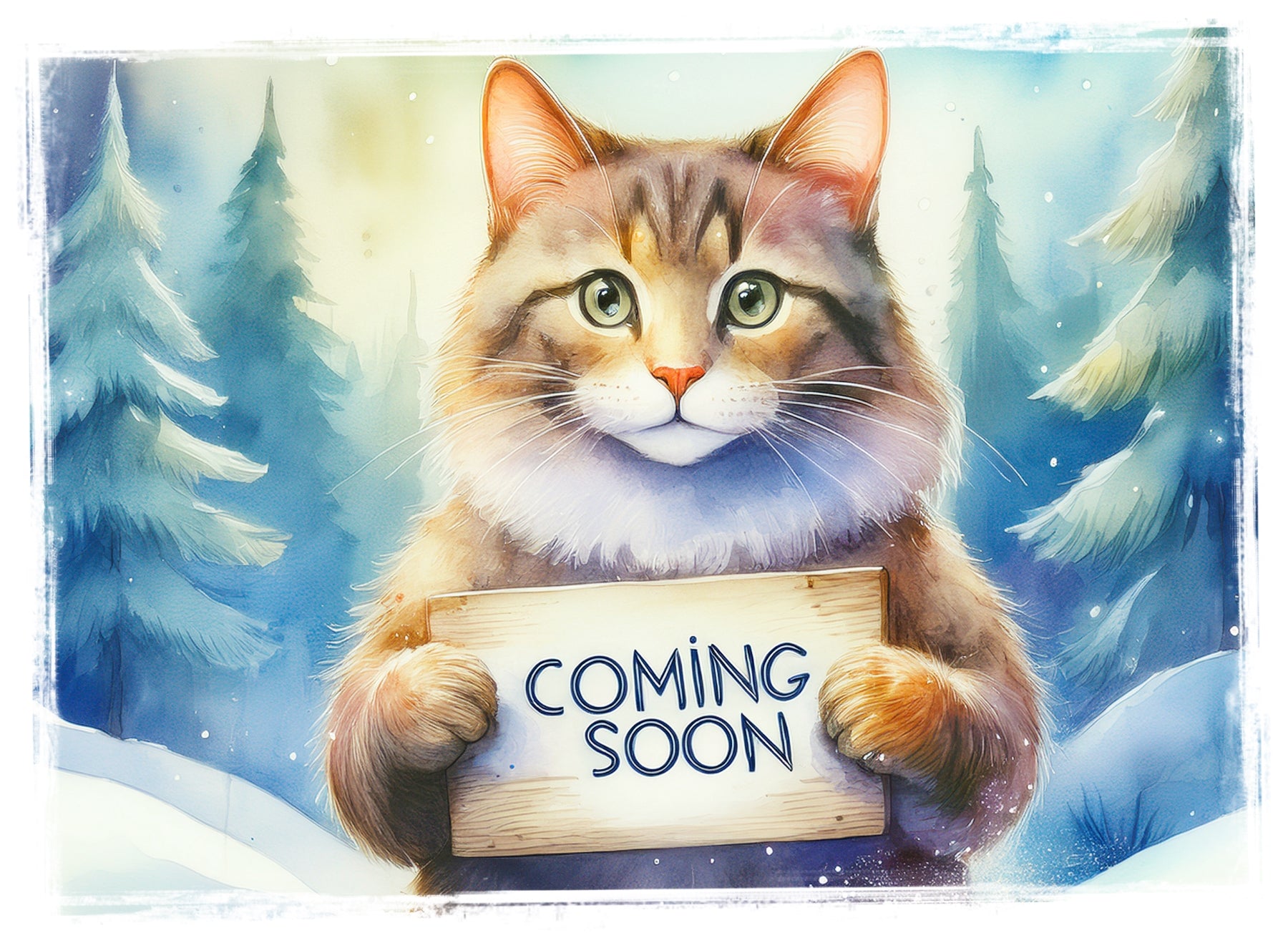 Cat holding a 'Coming Soon' sign in a snowy forest