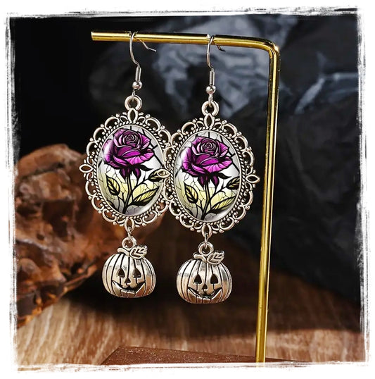 Vintage Rose and Pumpkin Glass Cabochon Lace Earrings