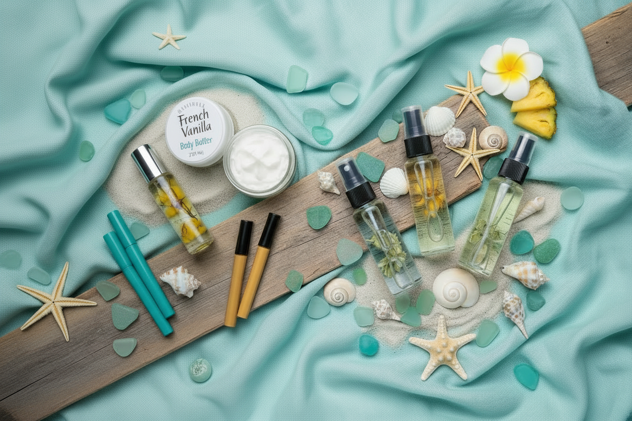 BathWerx bath and body collection flatlay featuring French Vanilla Body Butter, perfume roll-ons, body oils, and nail cuticle pens styled with starfish, seashells, and sea glass on a teal linen background