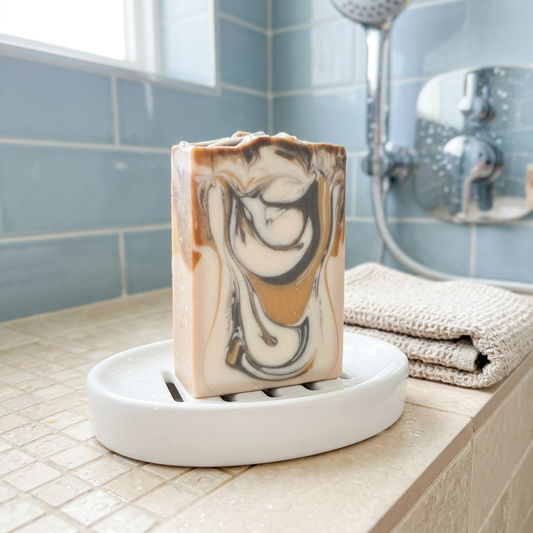 Cocoa Butter Cashmere goat milk soap with cream, caramel, and charcoal swirls on a white soap dish beside a folded washcloth in a blue-tiled shower.