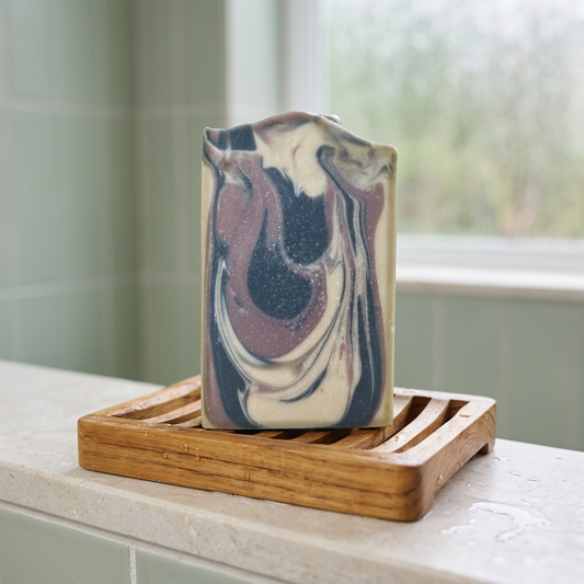 Dark Woods goat milk soap with blue, mauve, and ivory swirls on a wooden soap dish beside a softly lit window in a sage-tiled shower.
