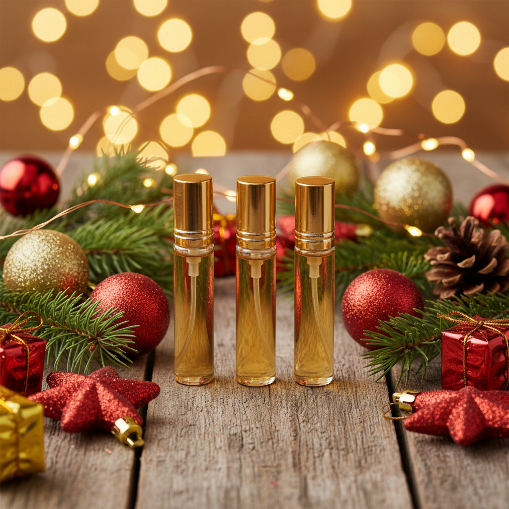 BathWerx Holiday Roll-On Perfume Oil vials displayed on a rustic wooden surface surrounded by red and gold ornaments, evergreen pine branches, pinecones, and warm twinkling fairy lights.