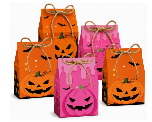 Fall Candy Corn Lip Kit in festive Halloween gift boxes — orange jack-o-lantern and pink slime pumpkin designs with rope bow ties