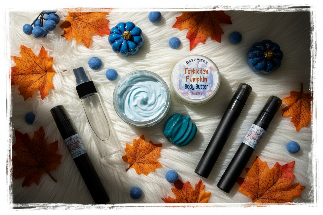 A styled flat-lay of Bathing Ape branded body care products, including a jar of Forbidden Pumpkin Body Butter and several black roll-on bottles, arranged on a white faux fur surface with autumn leaves, blue berries, and small pumpkins.