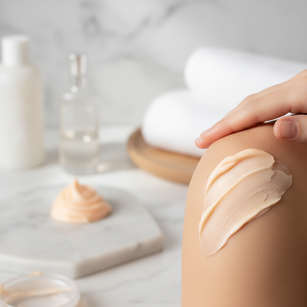 Orange Tide Body Butter application image - Applying to a female shoulder.
