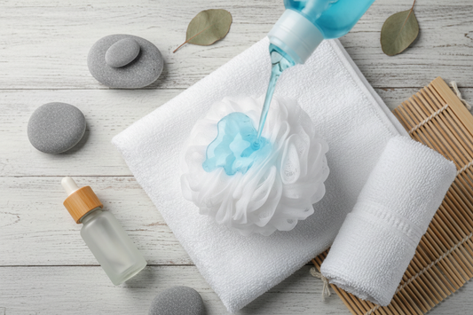 BathWerx clear blue body wash poured onto loofah in spa setting with white towels