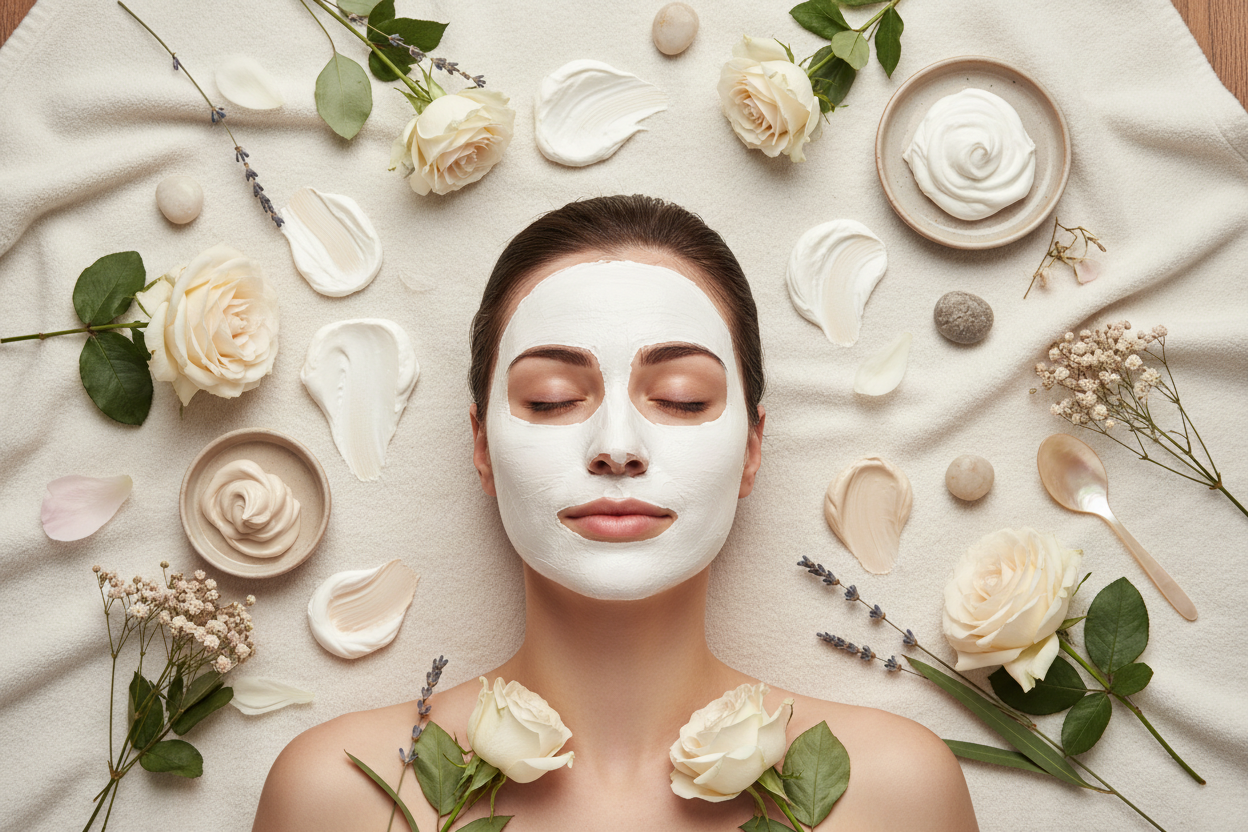 Woman relaxing with Moon Milk Cream-to-Clay Hydrating Spa Mask applied to her face, surrounded by soft botanicals