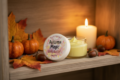 BathWerx Autumn Magic Body Butter jar on rustic wooden shelf with orange and red maple leaves, mini pumpkins, acorns, and candlelight - cozy fall skincare