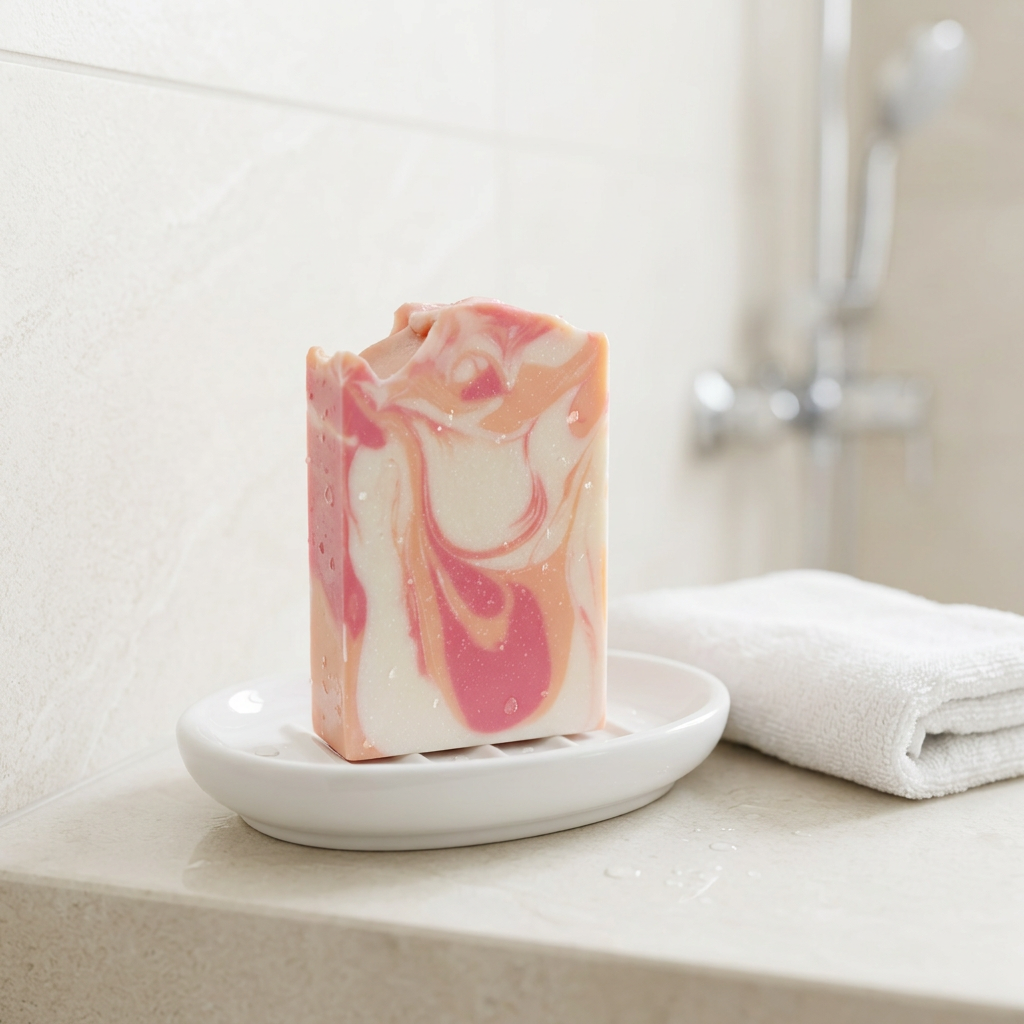 Orange Cranberry Spice goat milk soap with pink, peach, and white swirls on a white soap dish beside a folded washcloth in a bright shower.