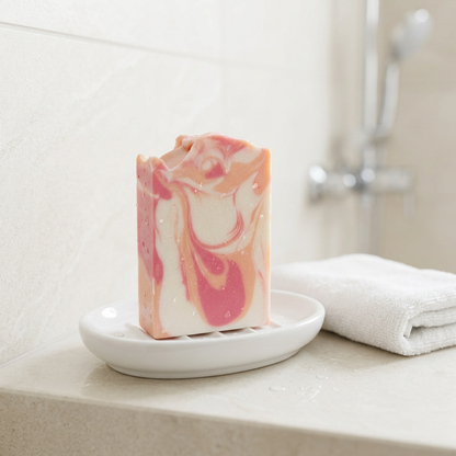 Orange Cranberry Spice goat milk soap with pink, peach, and white swirls on a white soap dish beside a folded washcloth in a bright shower.