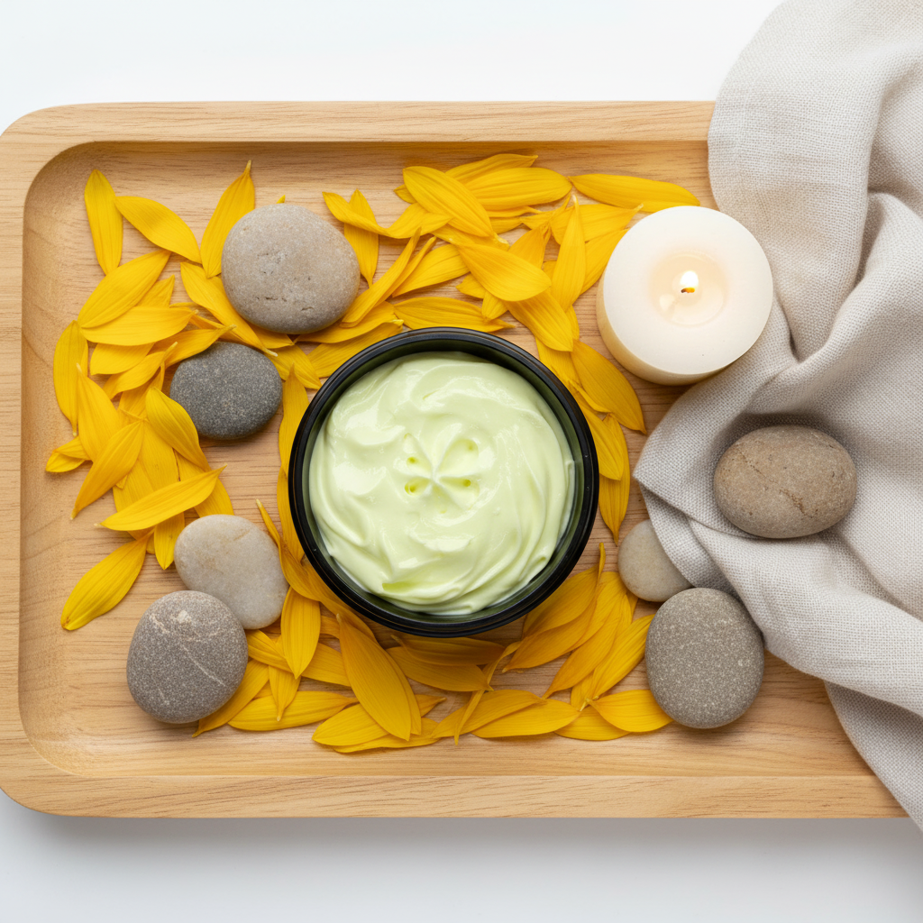 BathWerx Summer Legs Firming & Toning Cream in open black jar on wooden spa tray with yellow sunflower petals, river stones, lit candle, and soft linen.