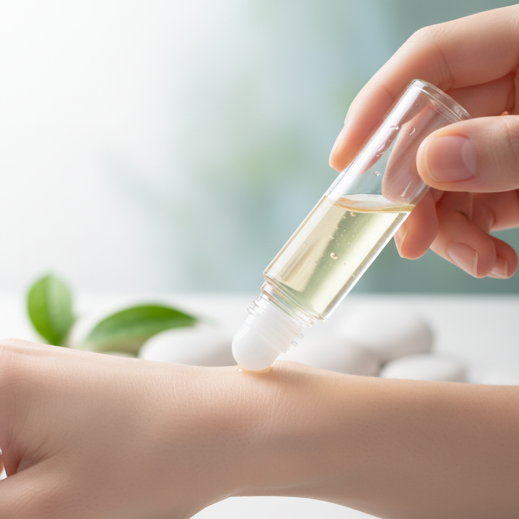 Storm Relief Mentholated Roll-On application image. Applying to wrist.